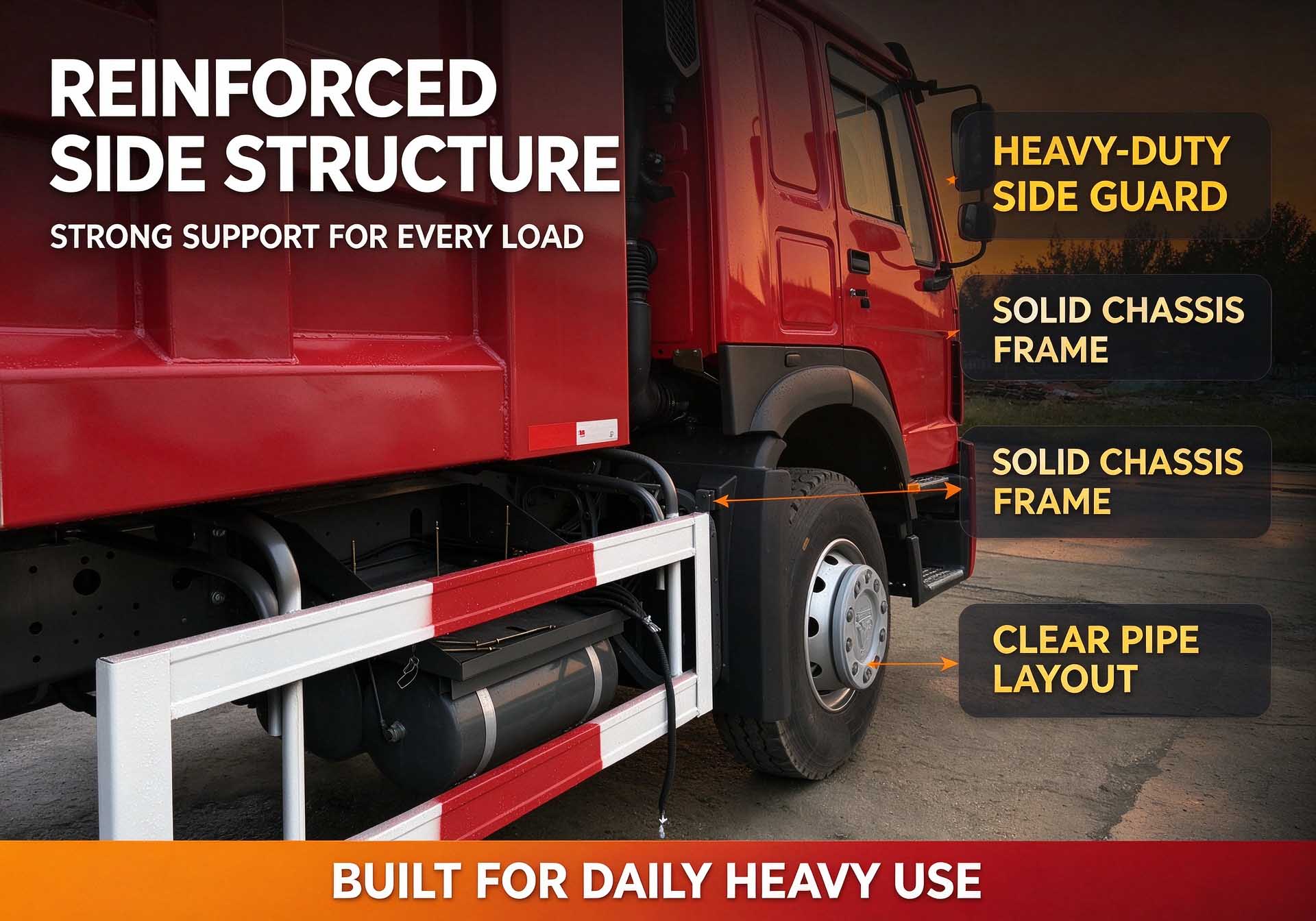 four wheel drive dump truck Reinforced Side Structure - Heavy-Duty Side Guard, Solid Chassis Frame, Clear Pipe Layout for Daily Heavy Use