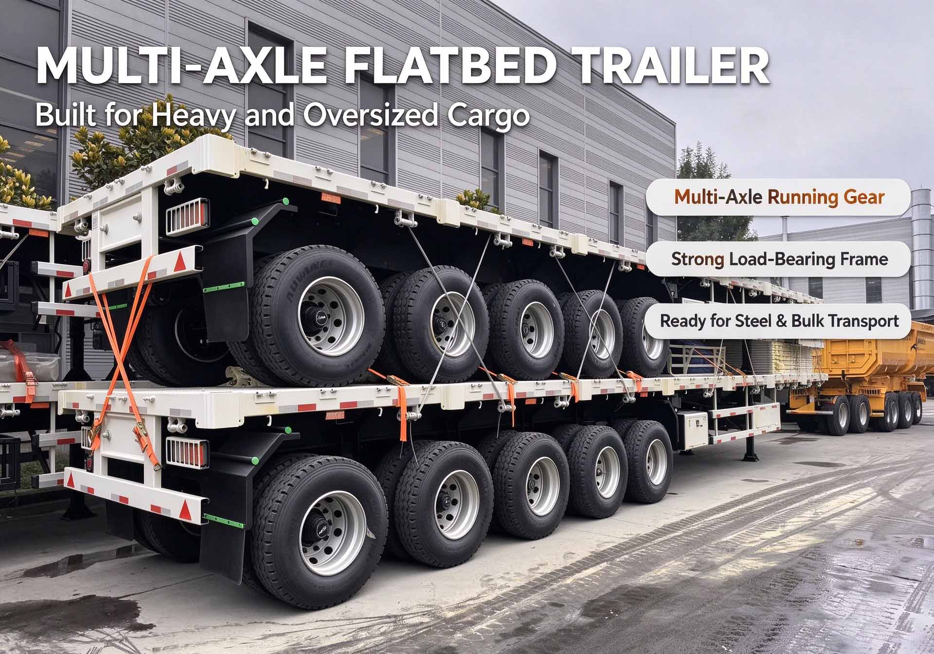 Multi-Axle Flatbed Trailer Built for Heavy and Oversized Cargo with Strong Load-Bearing Frame Multi-Axle Flatbed Trailer Built for Heavy and Oversized Cargo with Strong Load-Bearing Frame