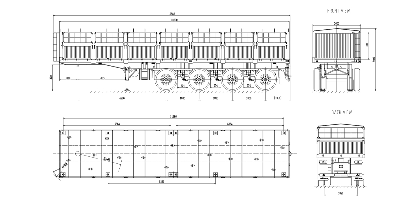 Technical Specifications Drawing of 4-Axle Caged Cargo Semi Trailer with Multi-View Dimensions Technical Specifications Drawing of 4-Axle Caged Cargo Semi Trailer with Multi-View Dimensions