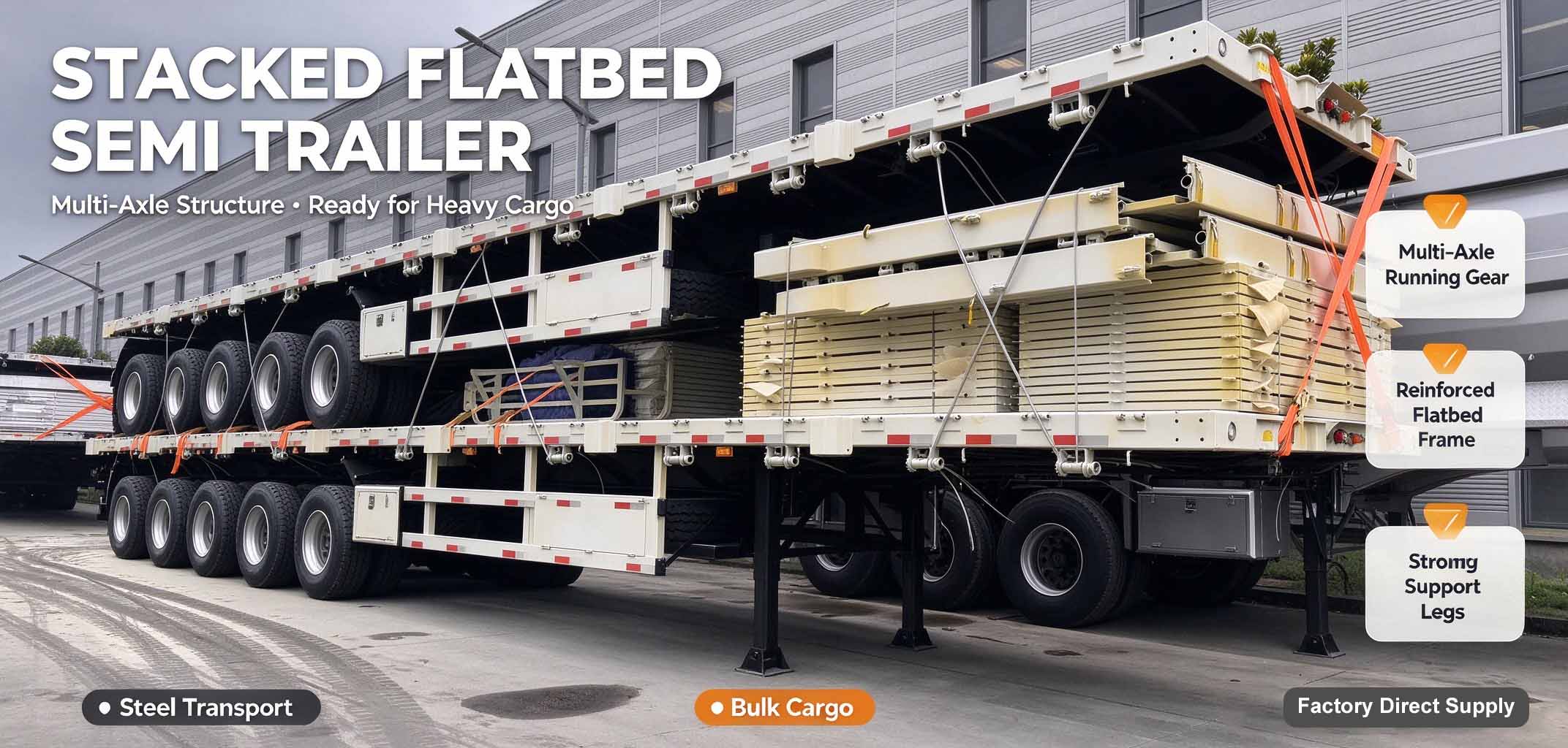 Stacked Flatbed Semi Trailer with Multi-Axle Structure for Heavy Steel and Bulk Cargo Transport Stacked Flatbed Semi Trailer with Multi-Axle Structure for Heavy Steel and Bulk Cargo Transport